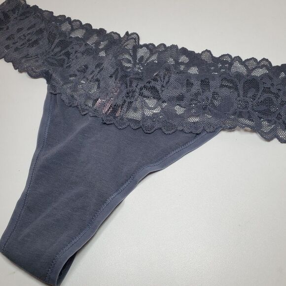 NEW True Vintage Victoria Secret Low Rise Thong Sz XL Lace Cotton Dark Gray - Picture 2 of 6